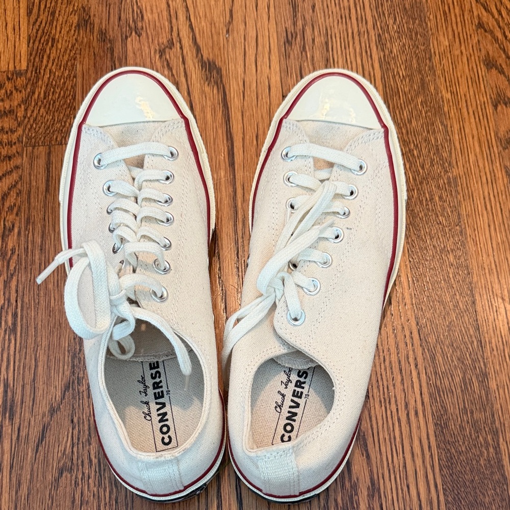 Converse Low Top Canvas Sneakers in Off-White with Burgundy Trim